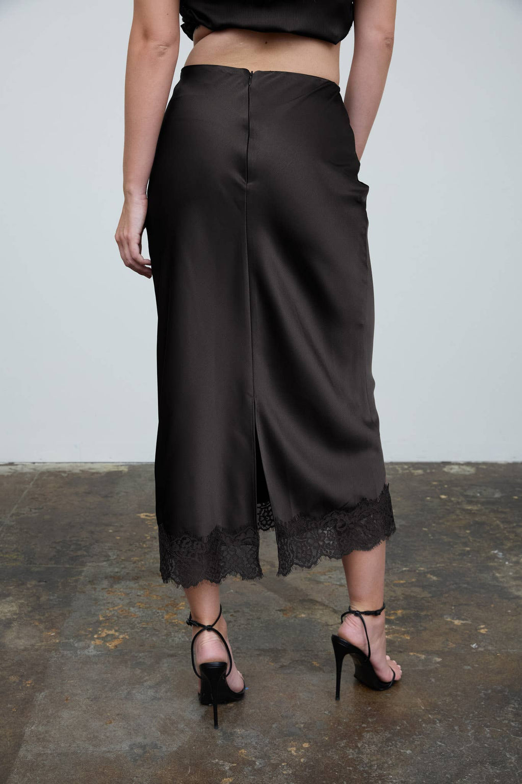 Satin Lace Trim Midi Skirt
