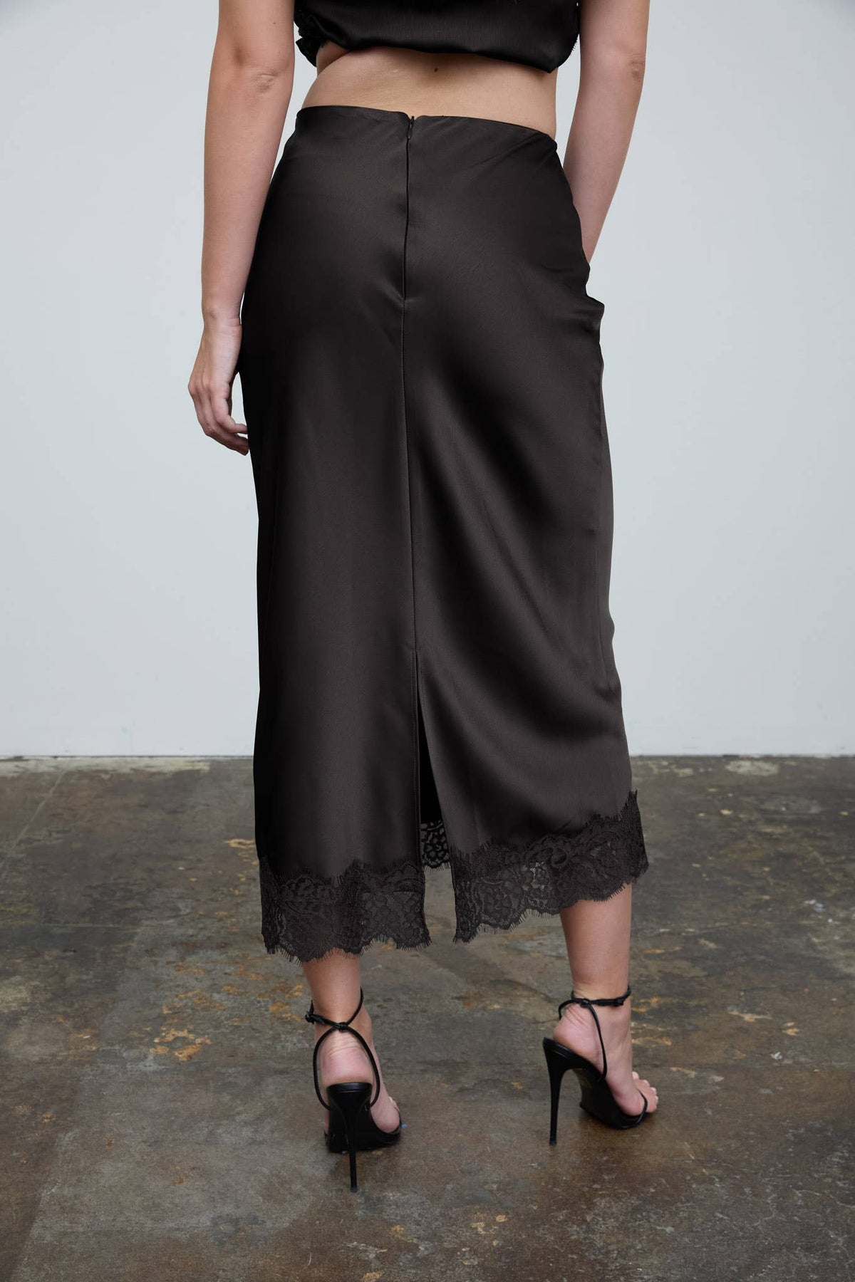 Satin Lace Trim Midi Skirt