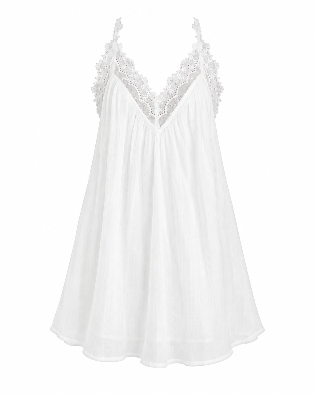 A white cotton slip dress with thin straps, a V-neckline, and delicate floral lace trim along the neckline and shoulder straps, shown against a plain white background.