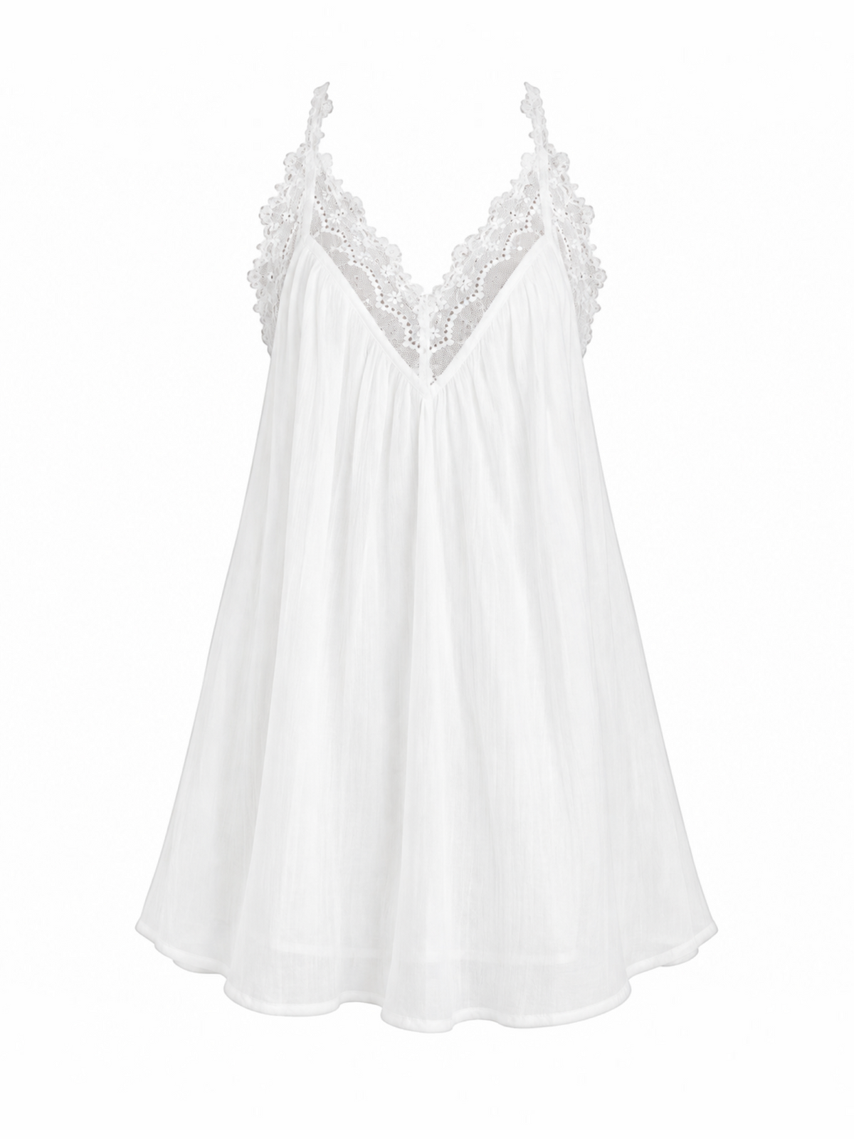 A white cotton slip dress with thin straps, a V-neckline, and delicate floral lace trim along the neckline and shoulder straps, shown against a plain white background.