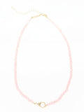Mialur Boutique - A delicate pink beaded necklace with a gold ring clasp and extension chain, displayed on a clean white background.
