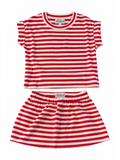 A two-piece children's outfit set by the brand Mishur, featuring a short-sleeve top and matching skirt in a red and white horizontal striped pattern, displayed on a clean white background.