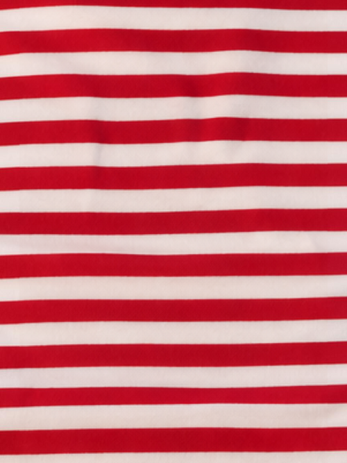 Mialur Cherry Stripe Set fabric featuring a soft red and white horizontal striped cotton spandex blend pattern