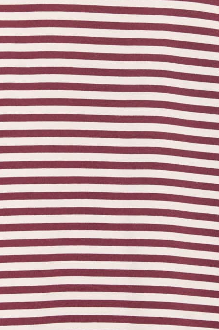 A close-up of a striped fabric pattern with alternating horizontal bands of deep burgundy and off-white.
