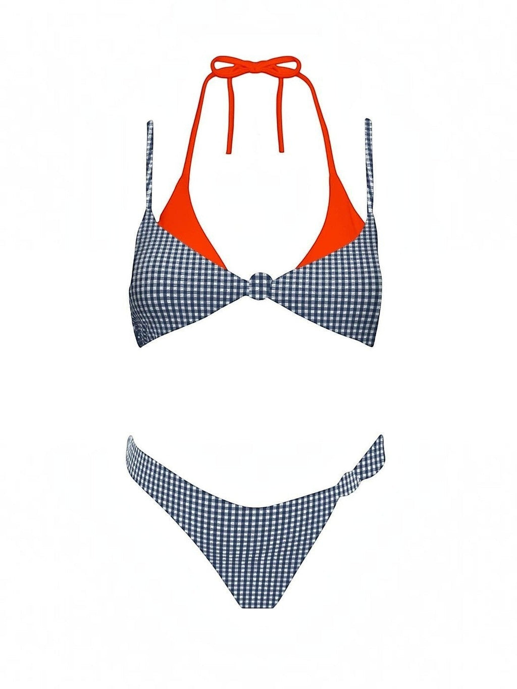Mialur Boutique - A two-piece bikini set featuring a navy and white gingham pattern on the bottoms and a solid bright orange-red underwire top with tie straps, displayed on a clean white background.