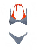 Mialur Boutique - A two-piece bikini set featuring a navy and white gingham pattern on the bottoms and a solid bright orange-red underwire top with tie straps, displayed on a clean white background.
