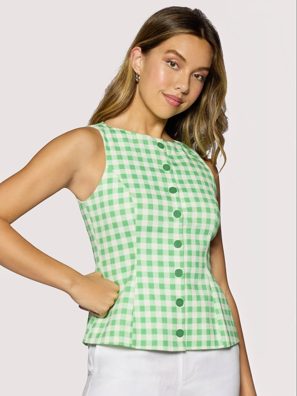 Mialur Boutique green and white gingham sleeveless top with round neckline and button-front detail