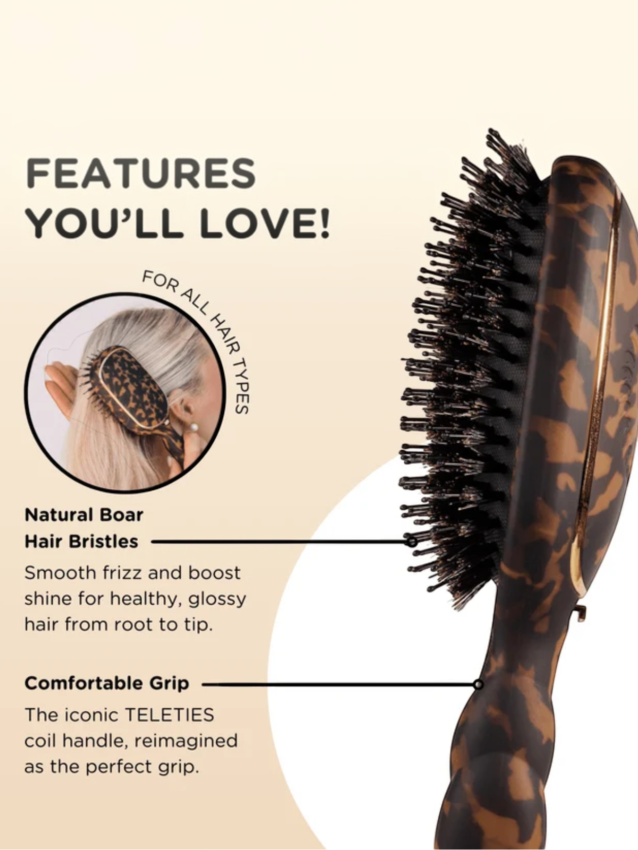 A hairbrush with a tortoiseshell handle and black bristles, shown on a beige graphic background with text highlighting features such as natural boar hair bristles and a comfortable grip.