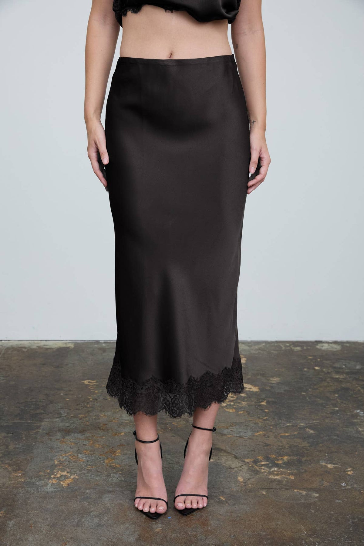 Satin Lace Trim Midi Skirt