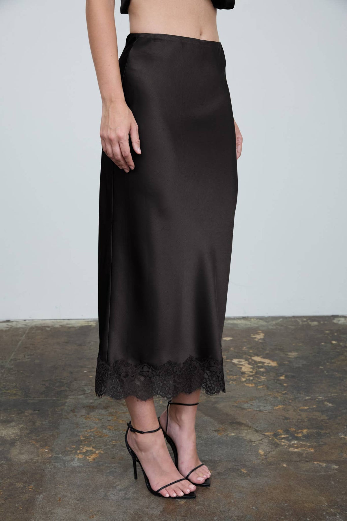 Satin Lace Trim Midi Skirt