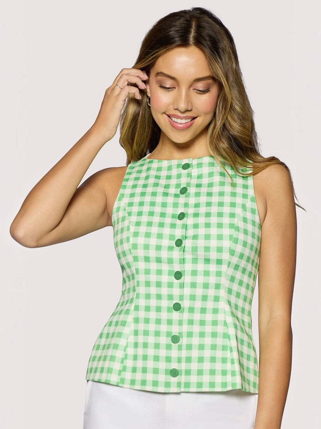 Mialur Boutique green and white gingham sleeveless top with round neckline and front button closure