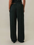 Mialur Boutique Luna Polka Dot Pants shown from the back, featuring a black and white all-over polka dot print, relaxed wide-leg silhouette, full-length drape, and elastic waistband