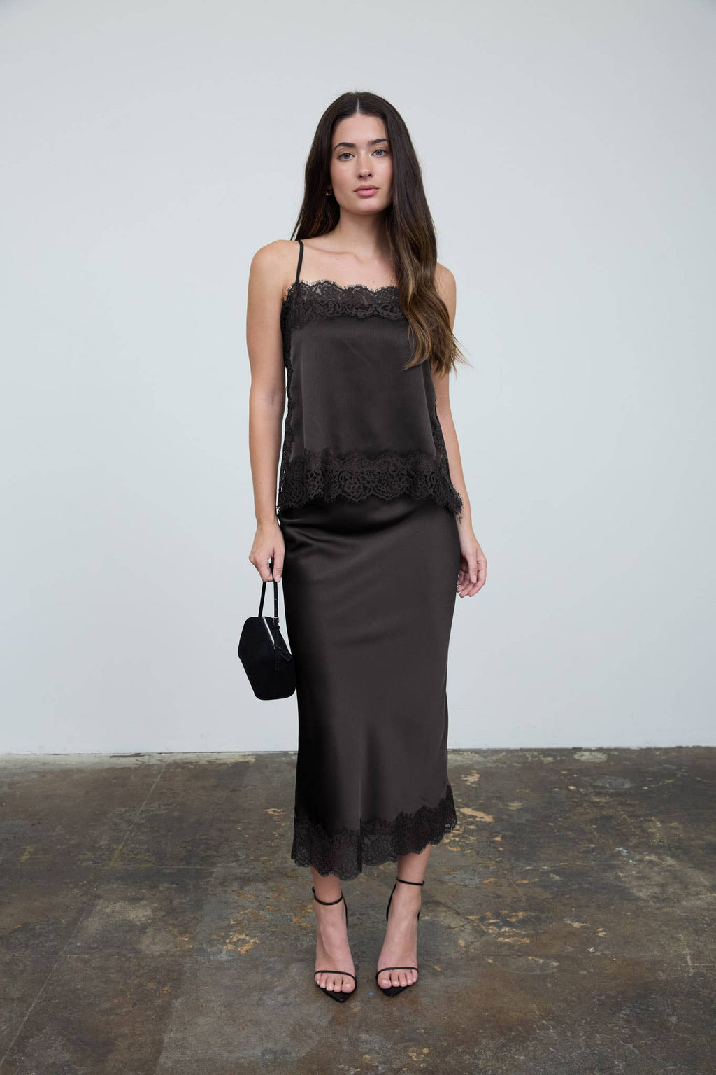 Satin Lace Trim Midi Skirt