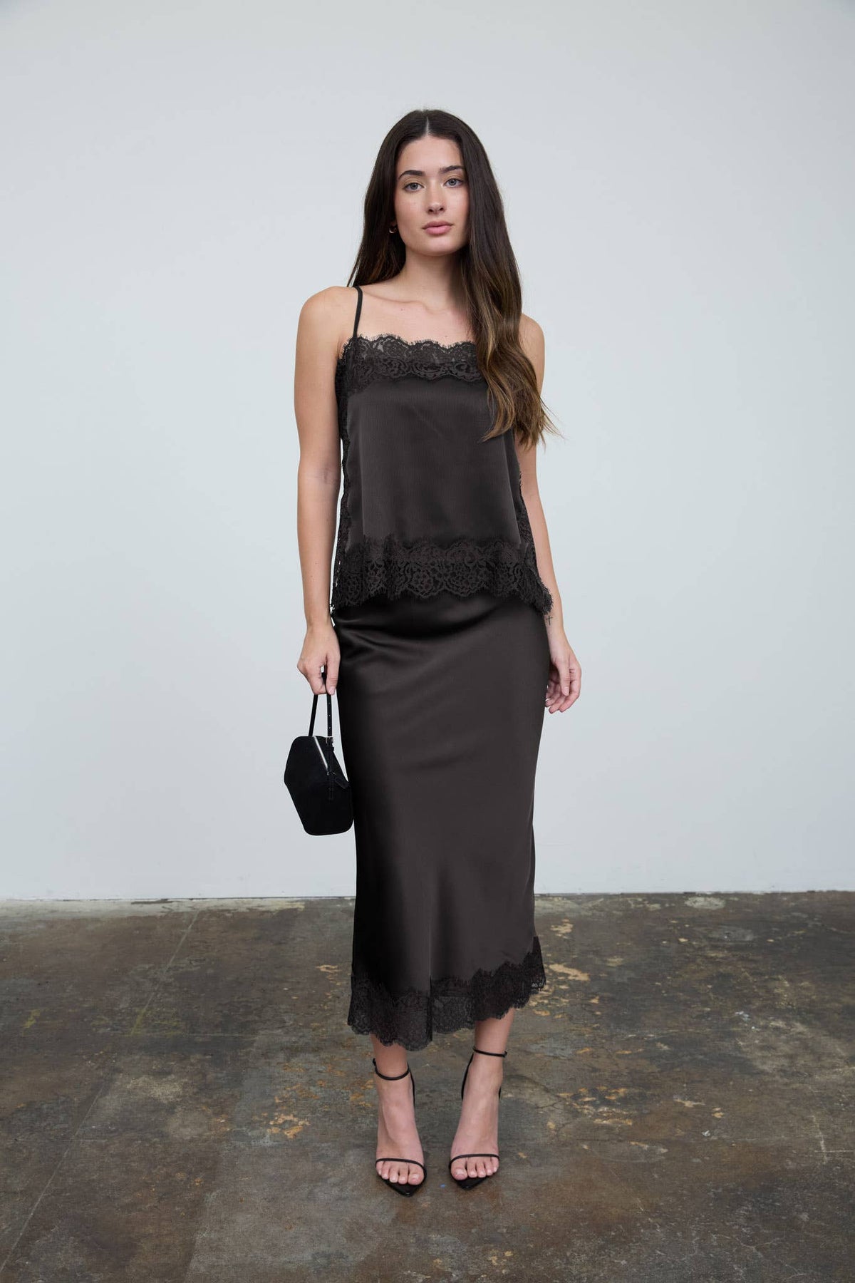 Satin Lace Trim Midi Skirt