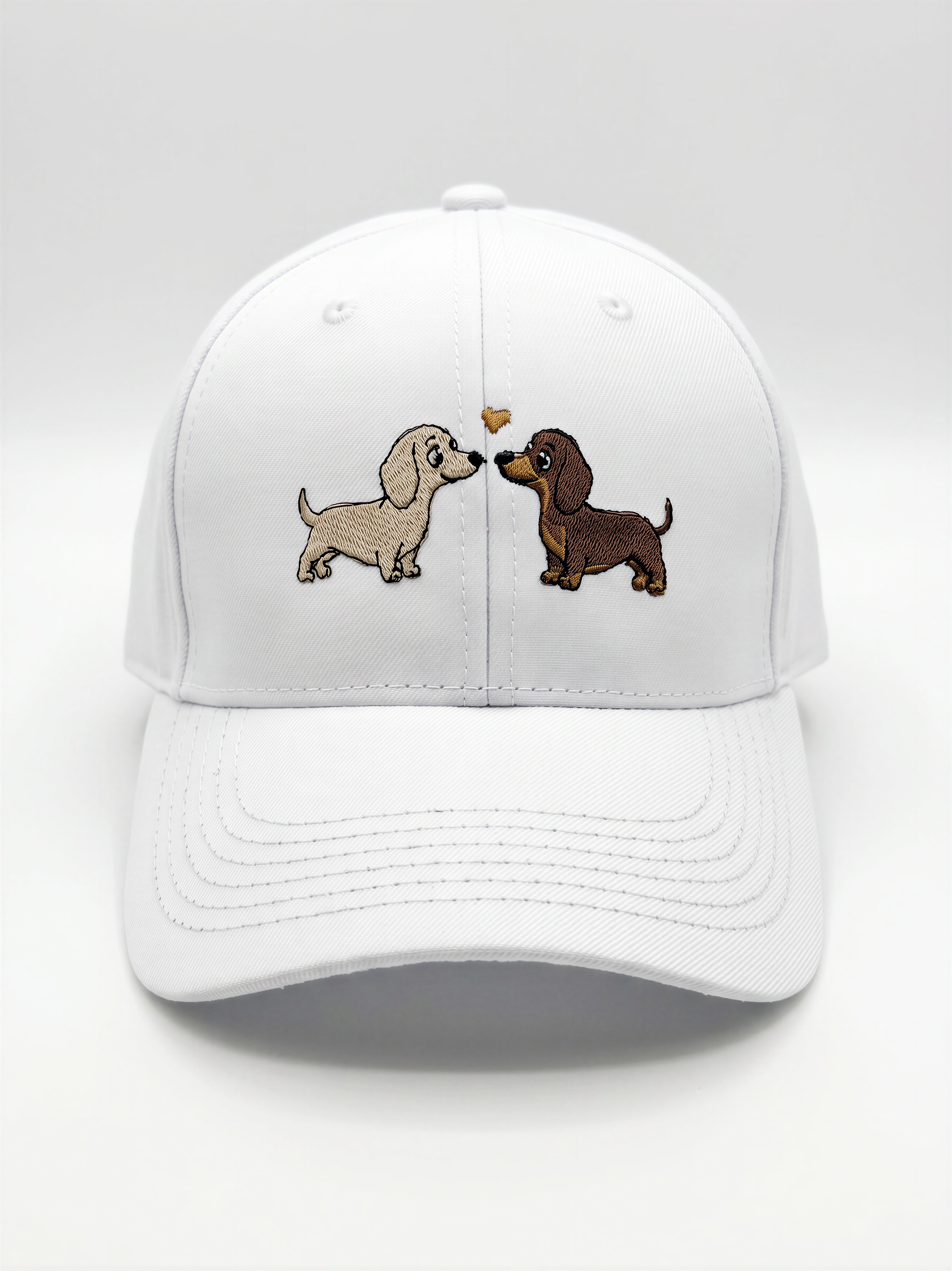 Mialur Boutique - A white baseball cap featuring an embroidered design of two dachshund dogs facing each other with a small heart between them, set against a clean white background.