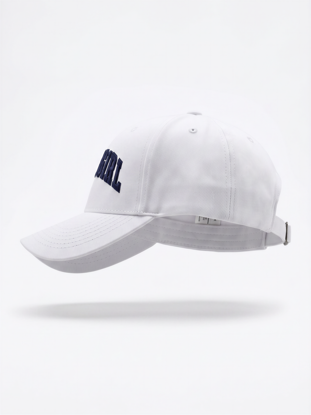 Mialur Boutique - A white baseball cap with navy blue embroidered collegiate-style lettering on the front, shown floating against a clean white background.