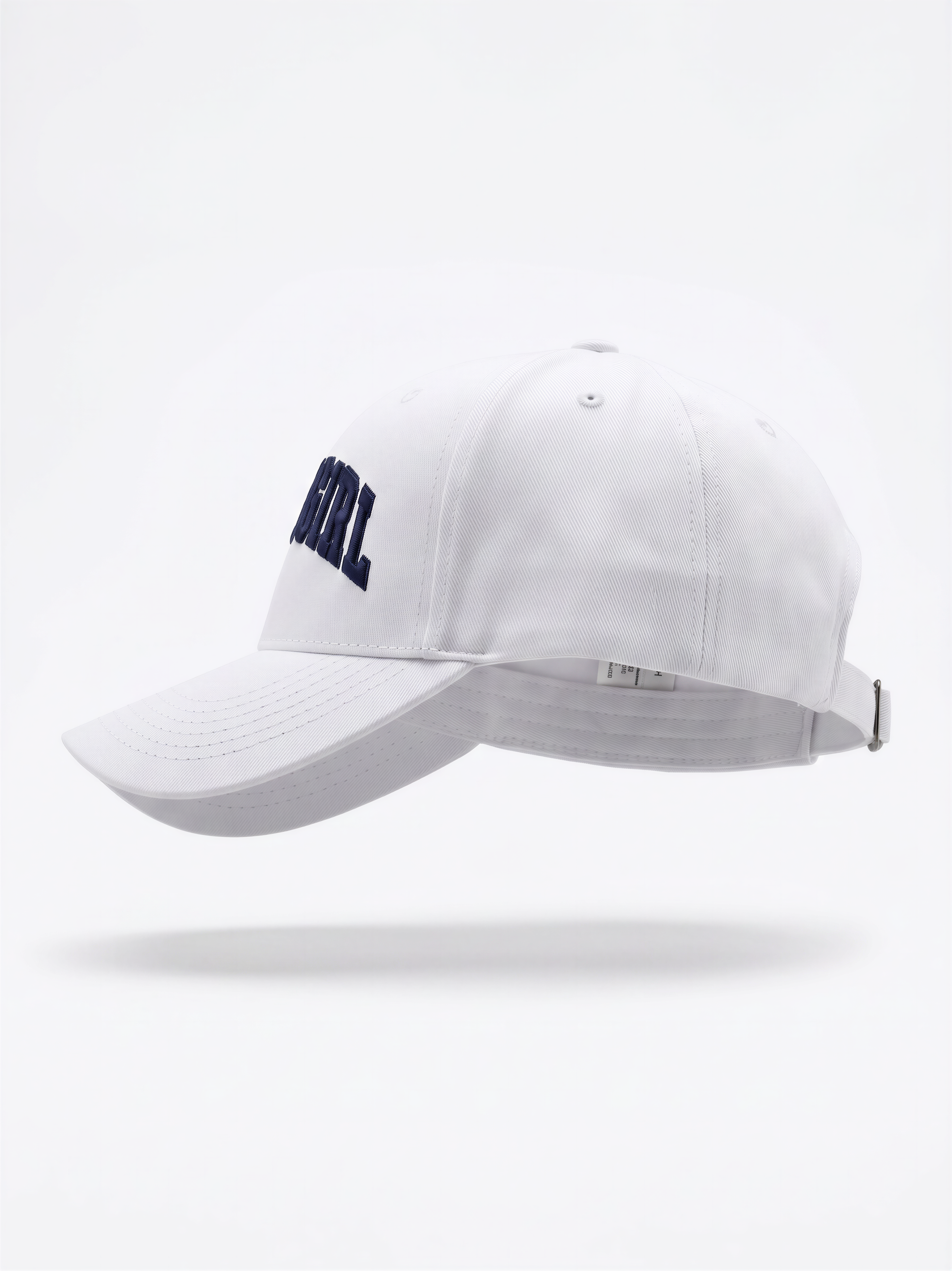 Mialur Boutique - A white baseball cap with navy blue embroidered collegiate-style lettering on the front, shown floating against a clean white background.