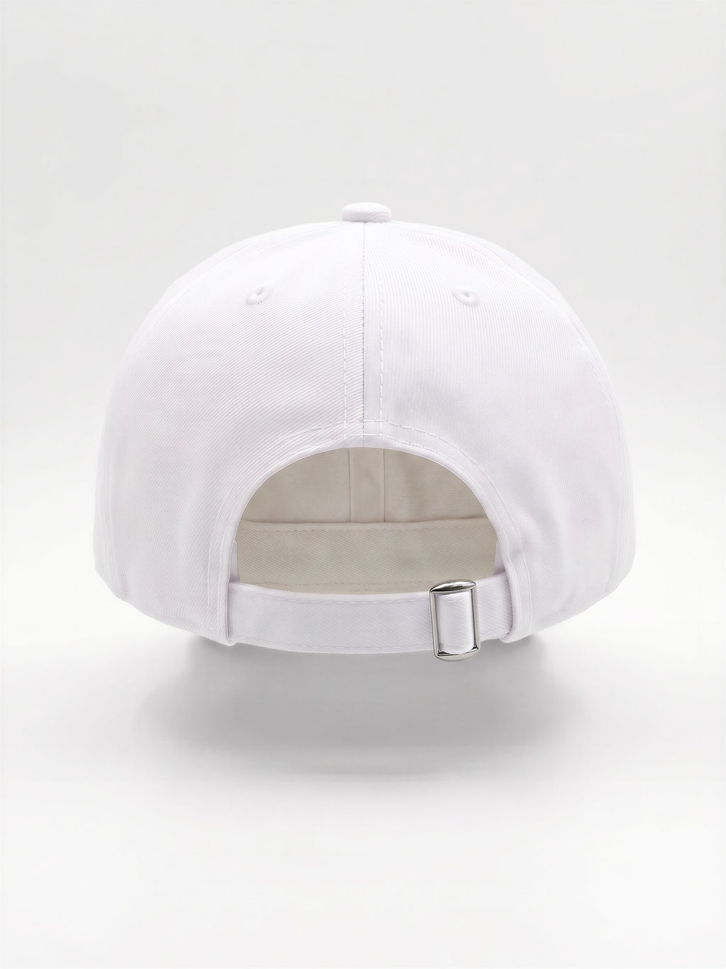 Mialur Boutique - The back view of a white baseball cap with an adjustable white strap and a silver metal buckle, set against a plain white background.