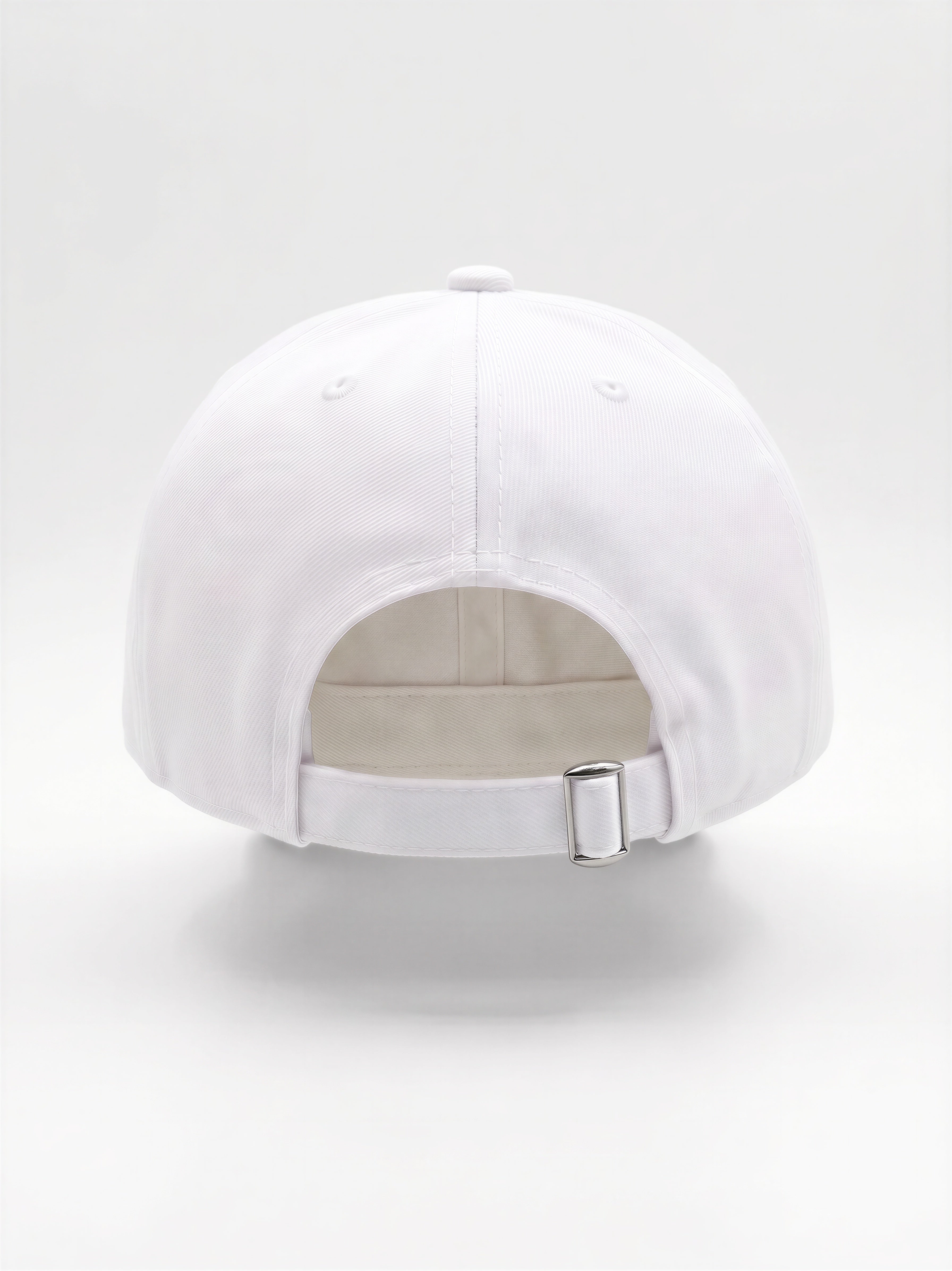 Mialur Boutique - The back view of a white baseball cap with an adjustable white strap and a silver metal buckle, set against a plain white background.