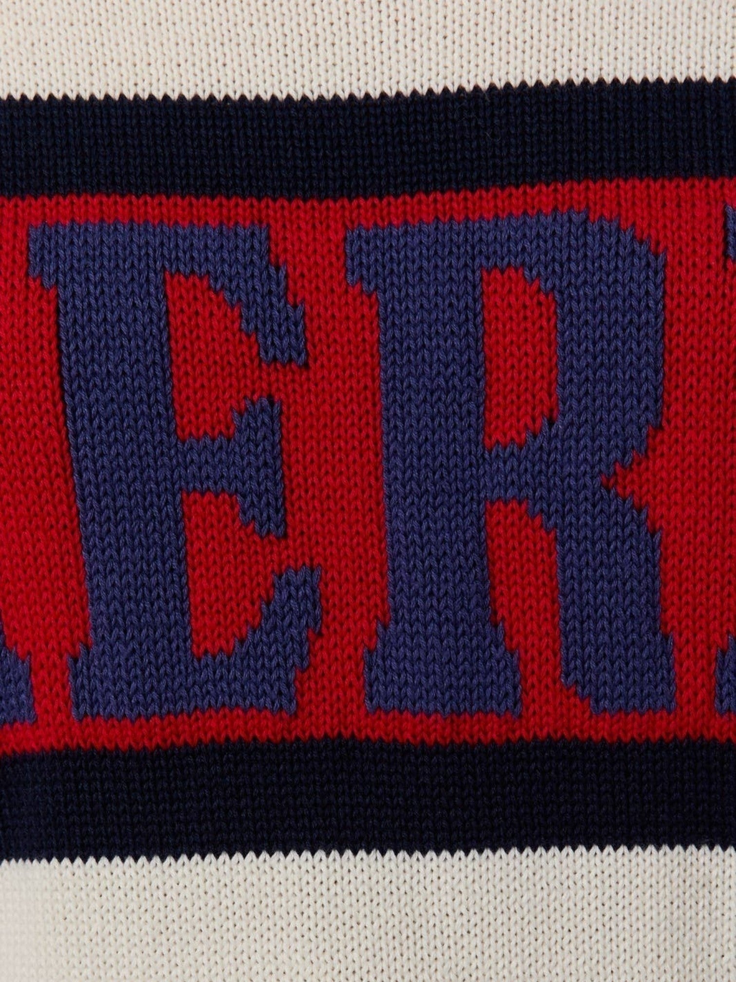 Mialur America knit sweater featuring red, white, and navy stripes with collegiate-style lettering on soft knit fabric