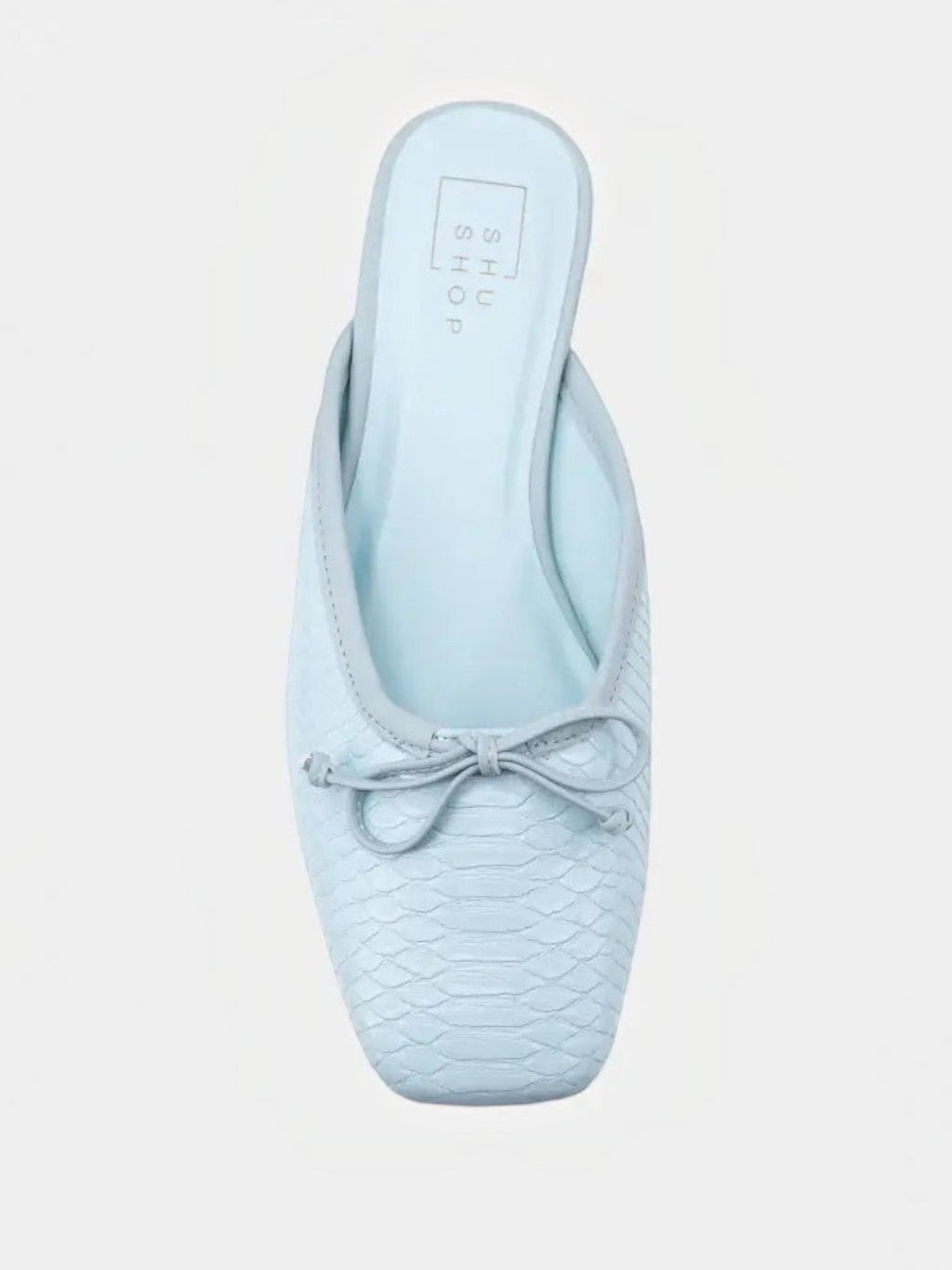 Mialur ANDREA mint green faux snake leather flats with a delicate bow detail on the toe in a classic slip-on silhouette