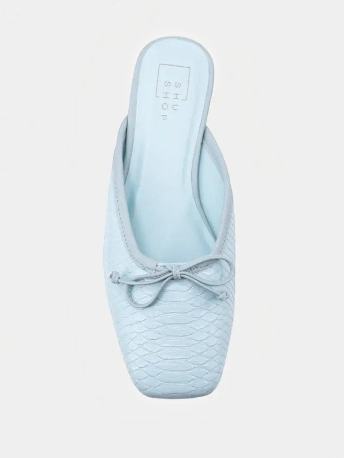 Mialur ANDREA mint green faux snake leather flats with a delicate bow detail on the toe in a classic slip-on silhouette