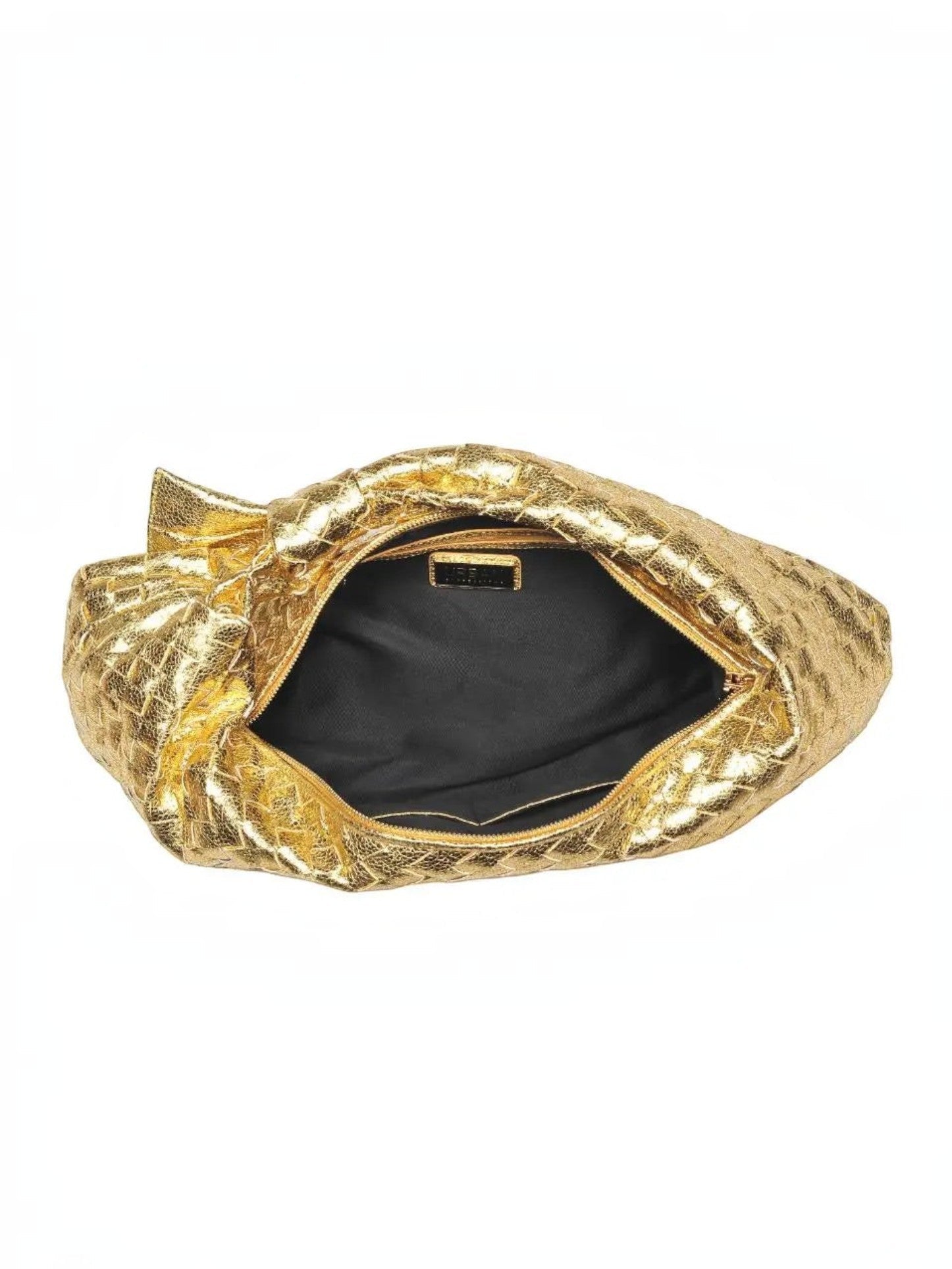 Mialur Aspen Bag in metallic gold with a slouchy woven texture and a spacious black interior lining.