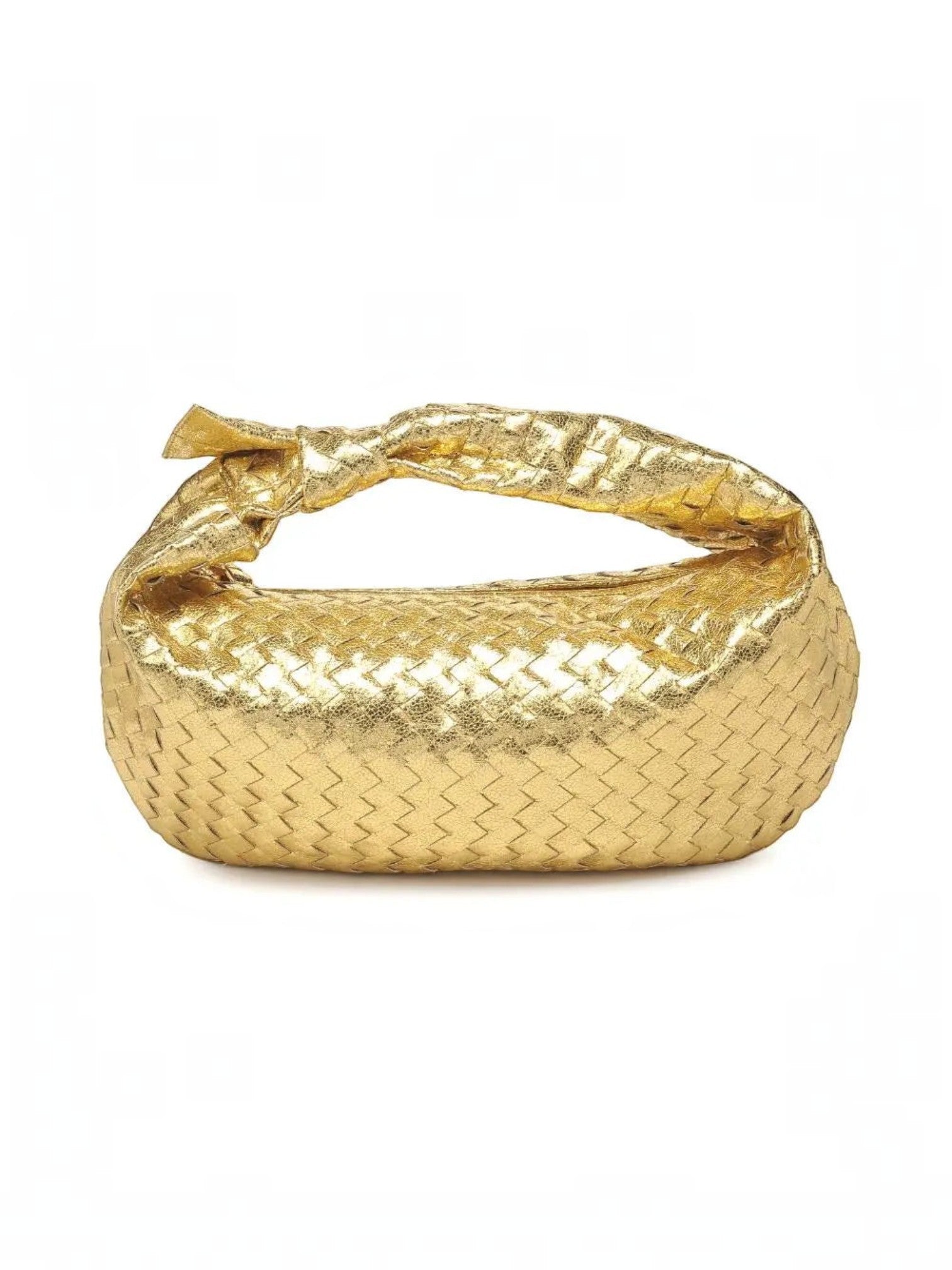 Mialur Aspen Bag in metallic gold with a slouchy woven hobo silhouette and a knotted handle detail.