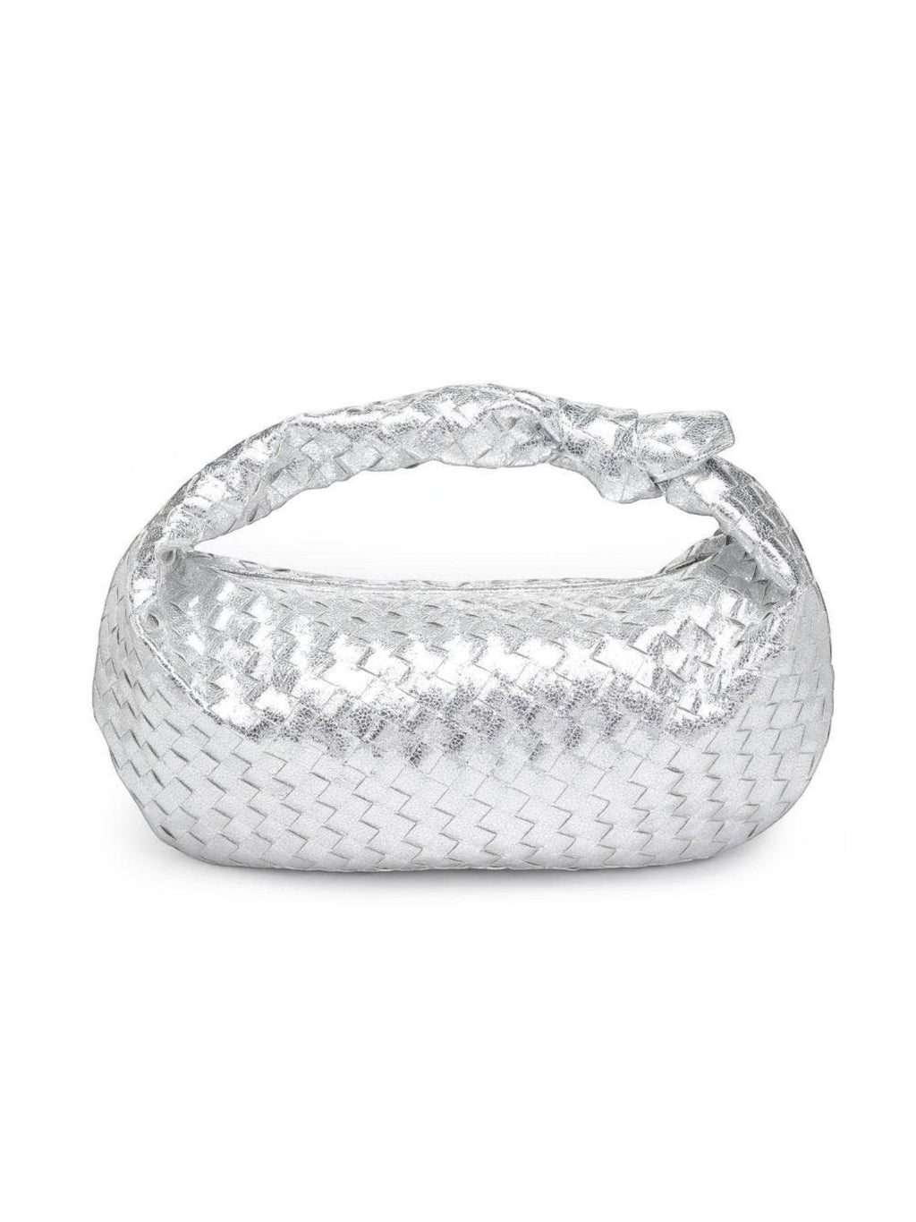 Mialur Aspen Bag in metallic silver with a slouchy, woven hobo silhouette and a knotted handle detail.