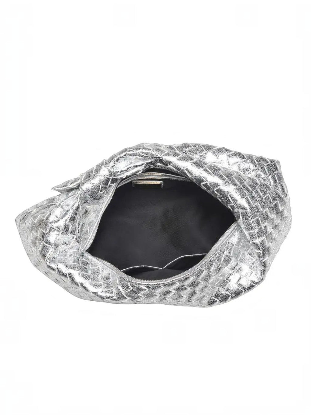 Mialur Aspen Bag in metallic silver with a slouchy woven texture and a spacious open interior view