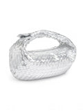Mialur Aspen Bag in metallic silver with a slouchy woven hobo silhouette and a knotted handle detail.