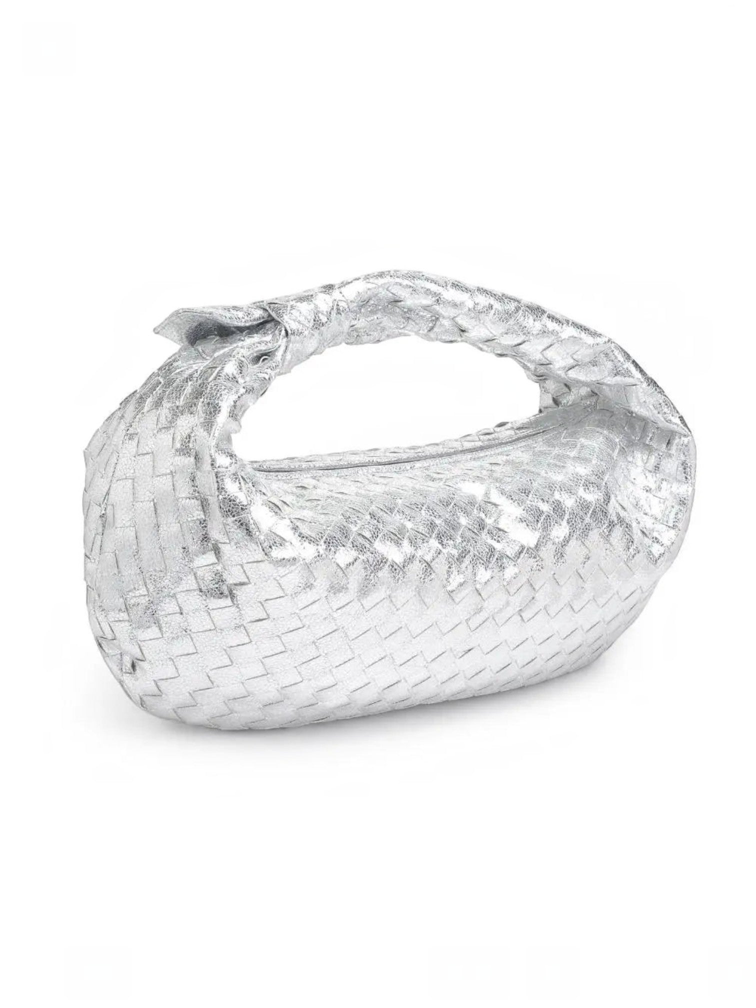 Mialur Aspen Bag in metallic silver with a slouchy woven hobo silhouette and a knotted handle detail.