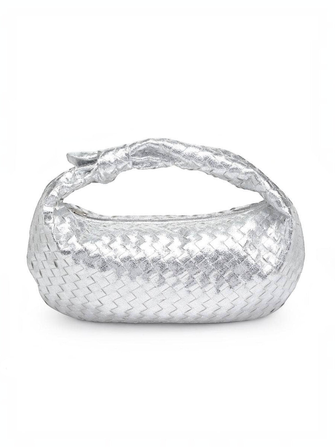 Mialur Aspen hobo bag in metallic silver with a slouchy woven texture and a knotted handle detail.