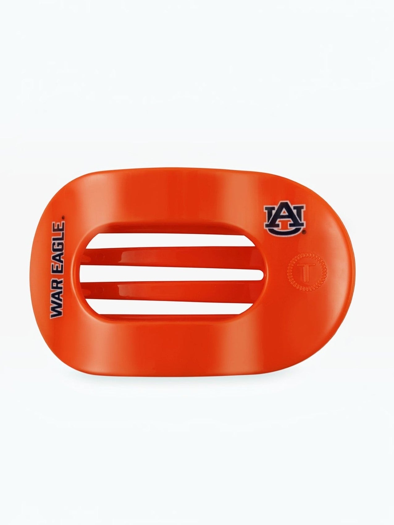 Mialur Auburn University War Eagle medium flat round hair clip in orange with navy logo and bendable teeth