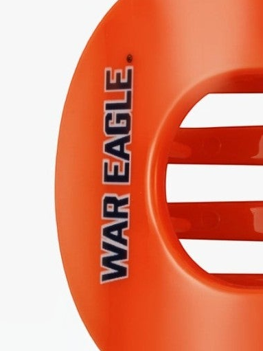 Mialur Boutique - Close-up of a bright orange plastic disc with the text 'WAR EAGLE' printed vertically in navy blue and white, on a plain white background.