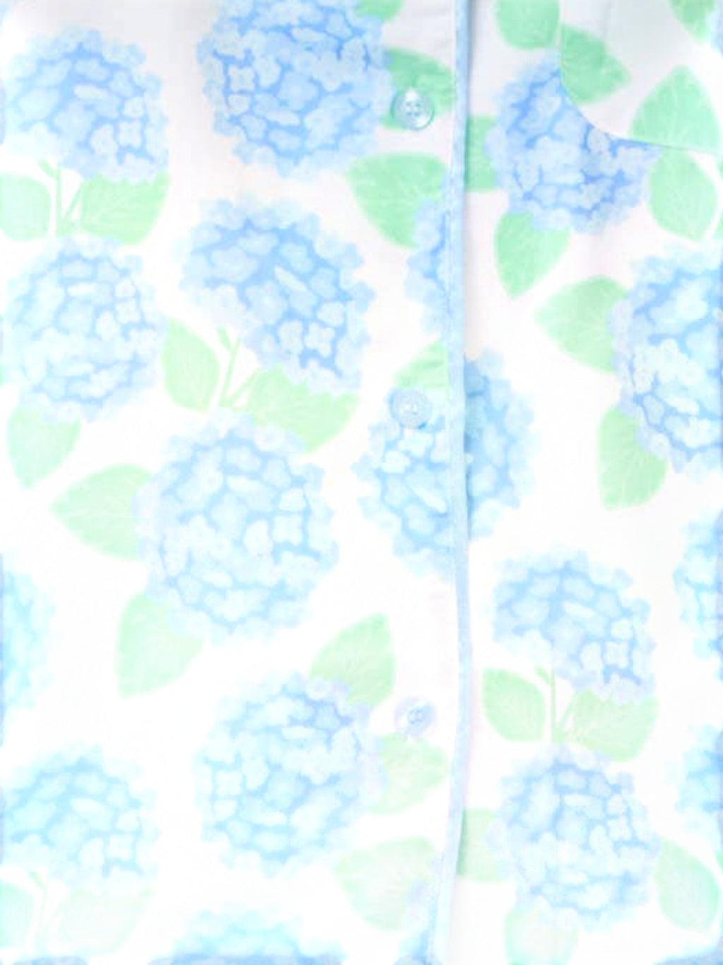 Mialur Azure Bloom satin lounge set top featuring a blue hydrangea floral print on a white background.