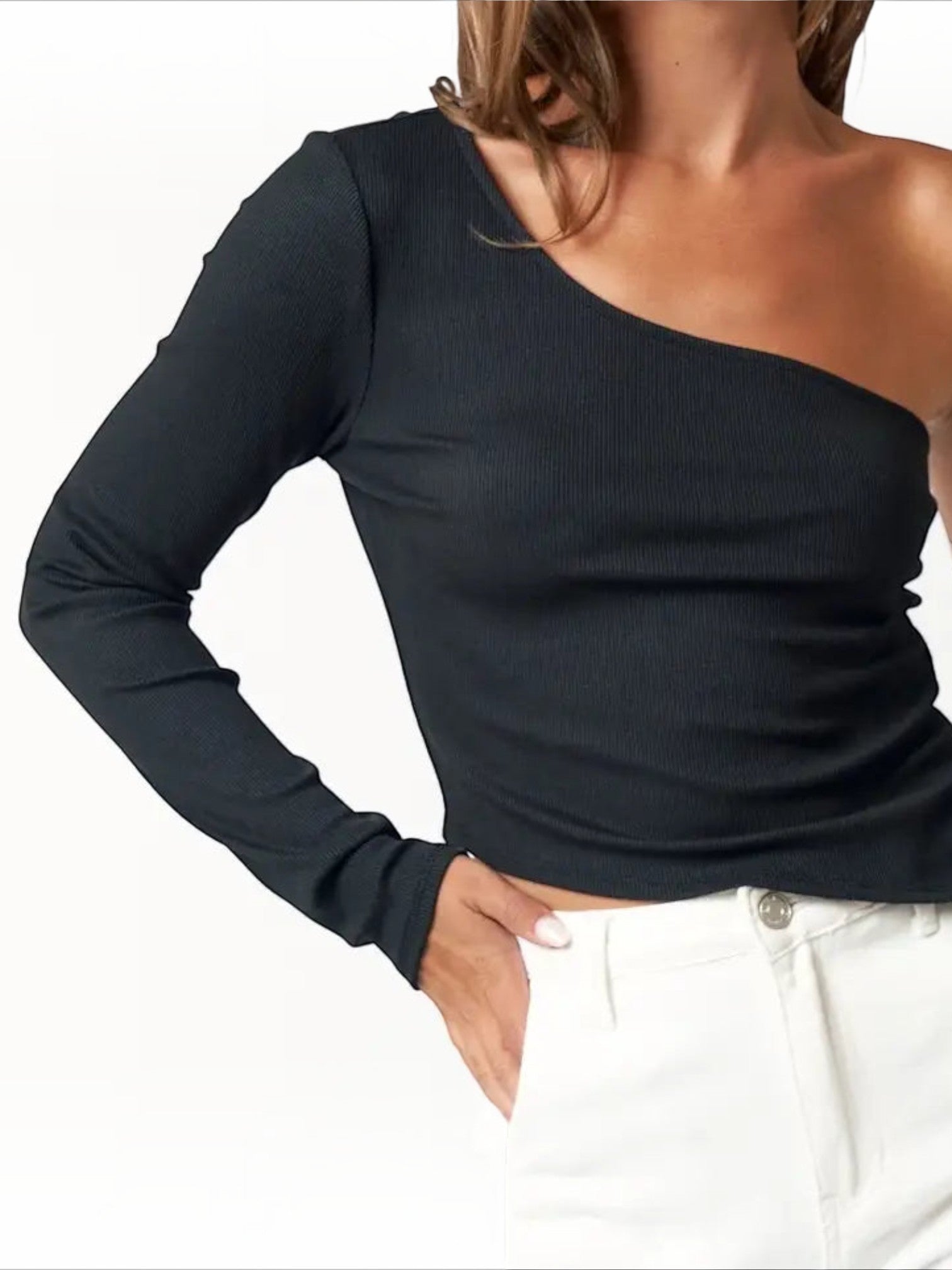 Mialur black ribbed one-shoulder long sleeve top with a fitted silhouette and asymmetric neckline