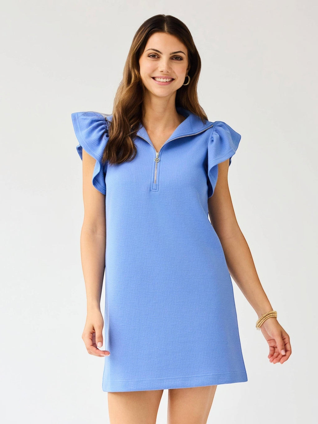 Mialur light blue mini dress with flutter ruffle sleeves, half-zip collar, and textured fabric on a smiling model.