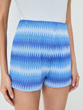 Mialur high-waisted summer shorts featuring a blue and white wave-inspired pattern in a lightweight knit fabric.