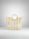 Mialur cream and soft yellow striped straw tote bag with Bride embroidery and shell-accented round handles