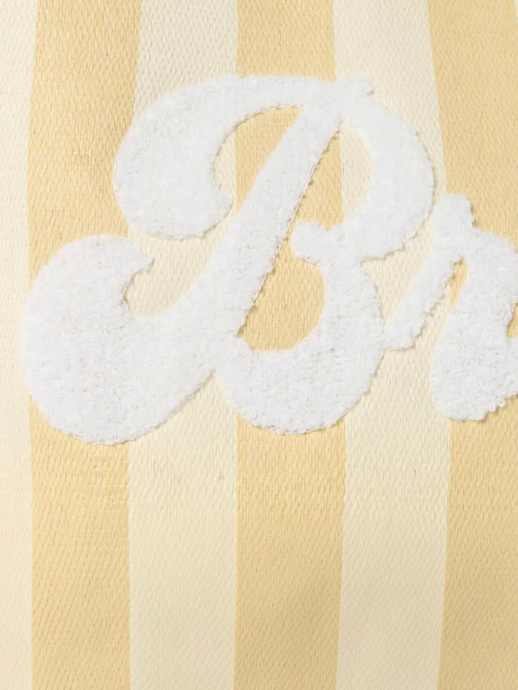 Mialur cream and soft yellow striped paper straw tote bag with white embroidered Bride lettering detail