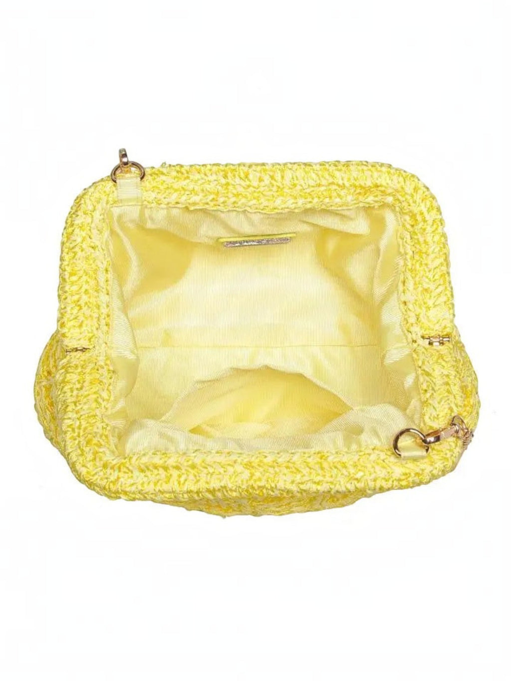 Mialur butter yellow woven clutch interior with satin lining and gold-tone hardware details