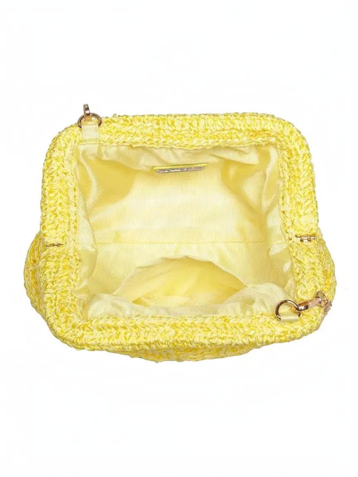 Mialur butter yellow woven clutch interior with satin lining and gold-tone hardware details