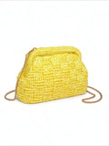 Mialur Butter Woven Clutch in butter yellow with a textured finish, gold-tone hardware, and a detachable chain strap.