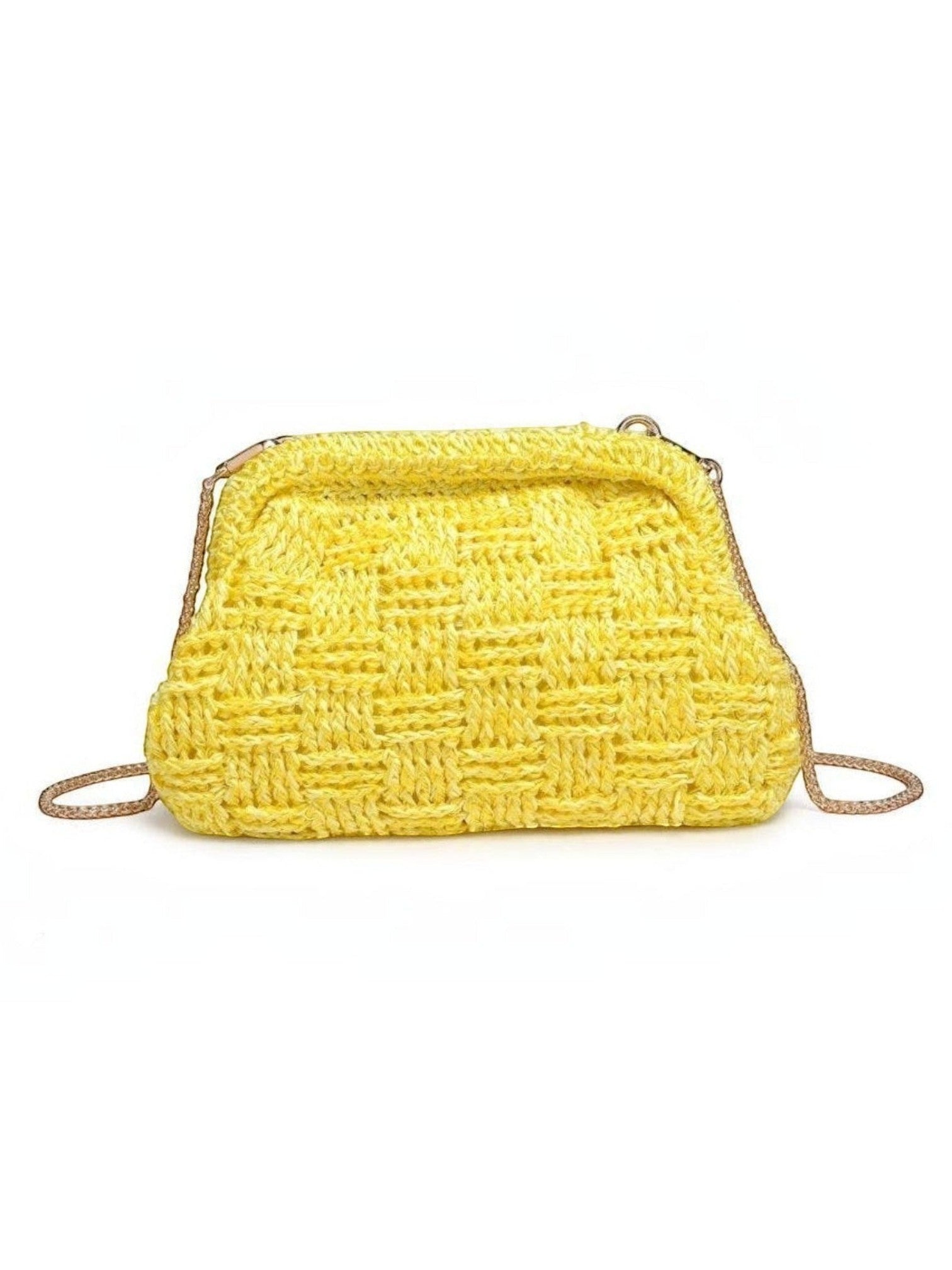 Mialur Butter Woven Clutch in butter yellow with a textured woven finish and gold-tone chain strap