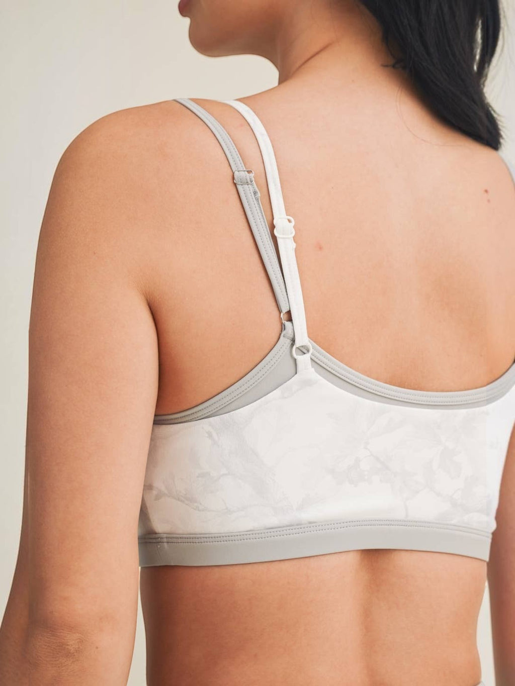 Mialur gray and white camo print double-layered sports bra with adjustable straps and built-in shelf bra back view