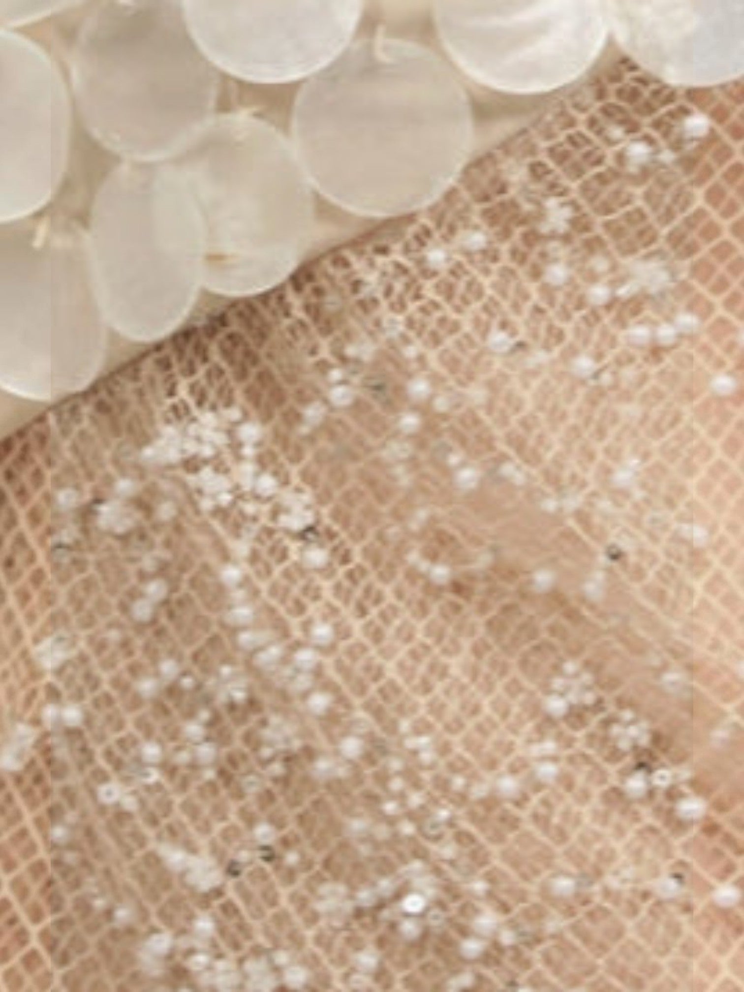 Mialur Celeste Cami featuring sheer mesh fabric with delicate pearl-inspired beadwork and layered circular accents.