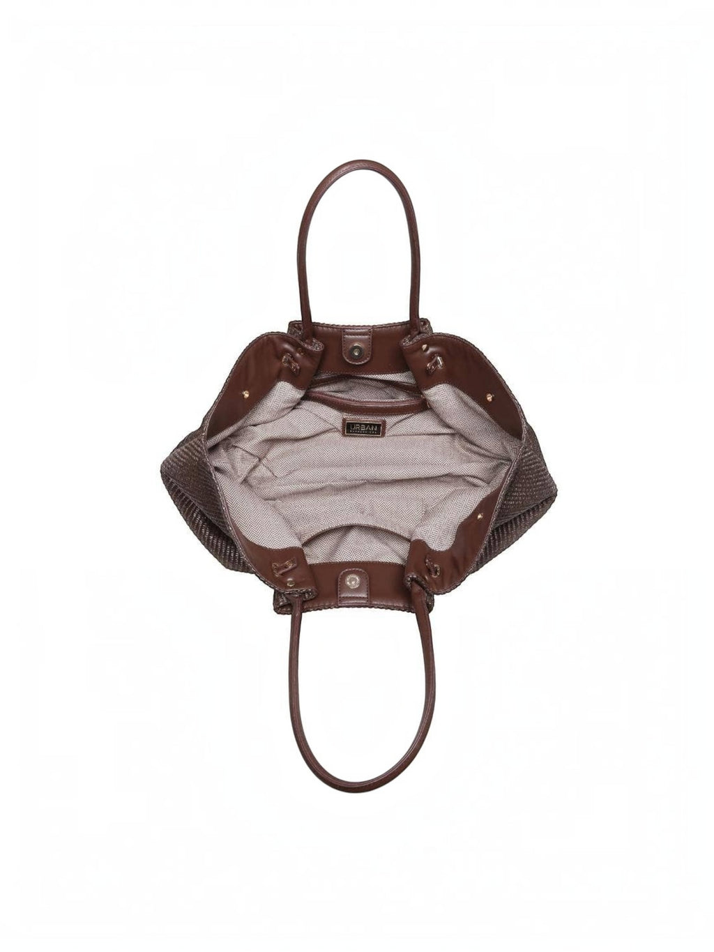 Mialur chocolate brown woven tote bag, top-down view showing the spacious interior, fabric lining, and shoulder straps.