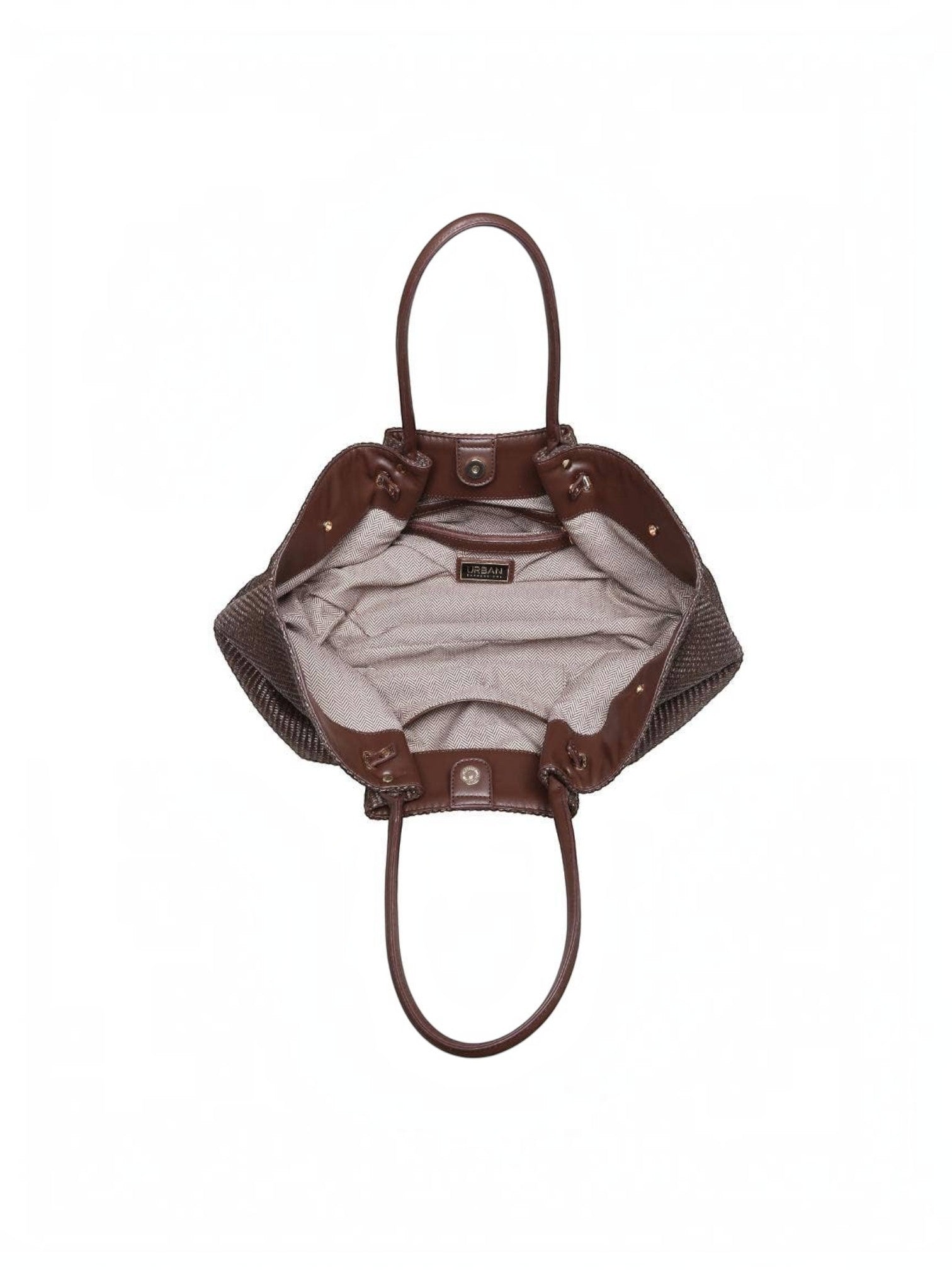 Mialur chocolate brown woven tote bag, top-down view showing the spacious interior, fabric lining, and shoulder straps.