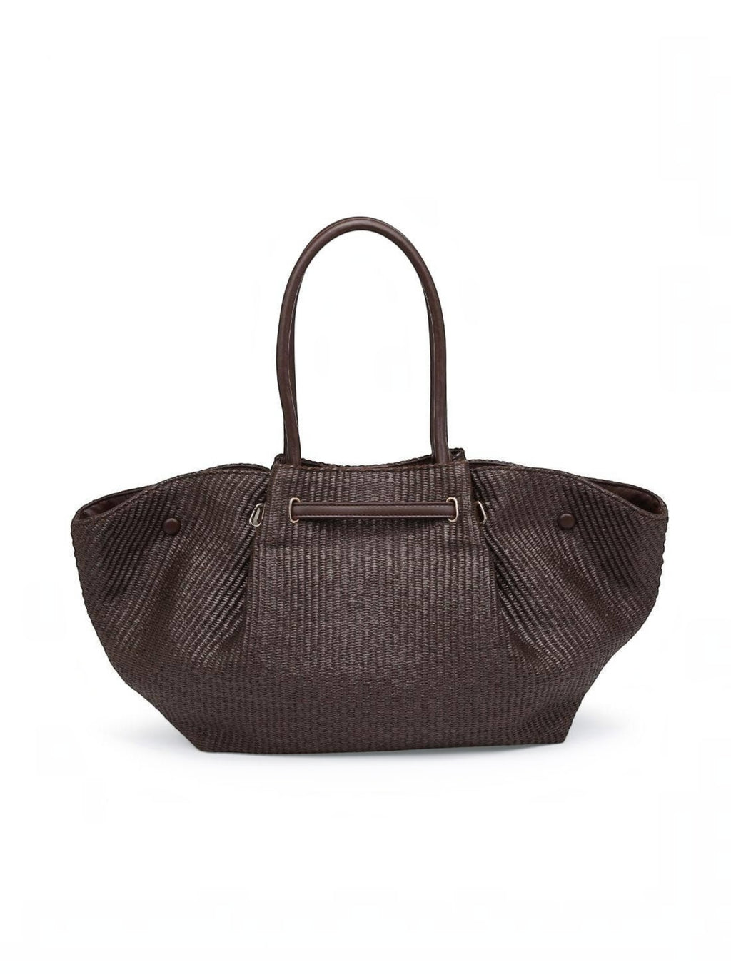Mialur chocolate brown woven tote bag with long shoulder straps and gold-tone hardware for summer beach or travel.